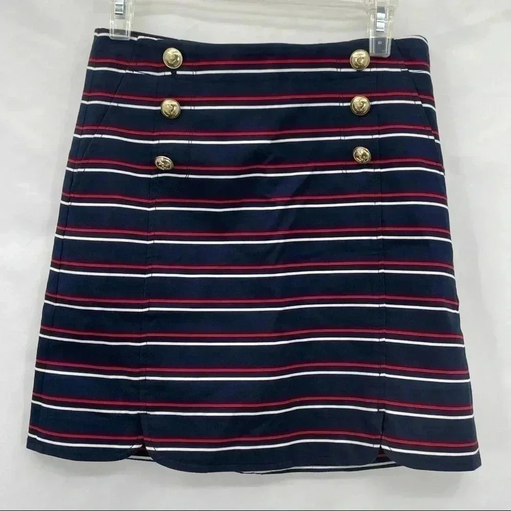Tommy Hilfiger Sailor Mini Skirt Womens 0 Navy Blue Striped Gold Anchor Buttons